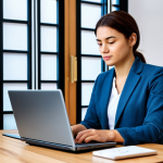 A professional woman, dressed in a modest business casual outfit, sits at a desk, looking intently at a laptop screen. The laptop display shows a stylized online marketplace interface, featuring a product with a clear visual indicator of limited stock, such as a subtle 'few items remaining' graphic, and a countdown timer visually ticking down. Prominently displayed are multiple positive five-star ratings and a visual representation of numerous glowing customer reviews. The background is a modern, tidy home office environment. perfect anatomy, correct proportions, natural pose, well-formed hands, proper finger count, natural body proportions, professional photography, high quality, safe for work, appropriate content, fully clothed, professional, modest.