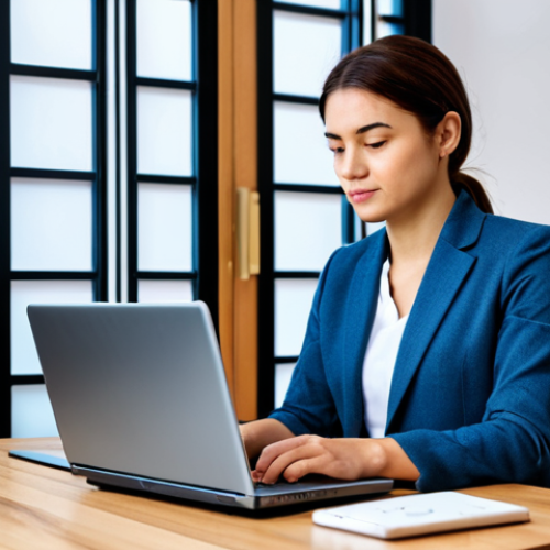 Home 18 A professional woman, dressed in a modest business casual outfit, sits at a desk, looking intently at a laptop screen. The laptop display shows a stylized online marketplace interface, featuring a product with a clear visual indicator of limited stock, such as a subtle 'few items remaining' graphic, and a countdown timer visually ticking down. Prominently displayed are multiple positive five-star ratings and a visual representation of numerous glowing customer reviews. The background is a modern, tidy home office environment. perfect anatomy, correct proportions, natural pose, well-formed hands, proper finger count, natural body proportions, professional photography, high quality, safe for work, appropriate content, fully clothed, professional, modest.