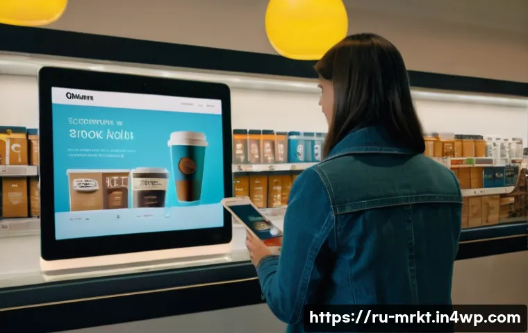 행동경제학과 소비자 인식 조사 - 50'). To her right, a man in a casual jacket quickly grabs a package of coffee from a section clearl...