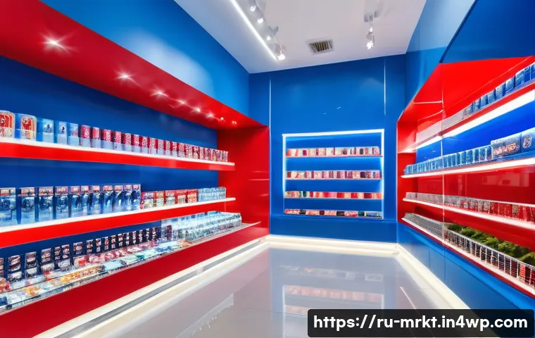 행동경제학적 소통 방식과 소비자 반응 - A vibrant, modern retail store interior in Moscow with bright, eye-catching packaging on shelves des...