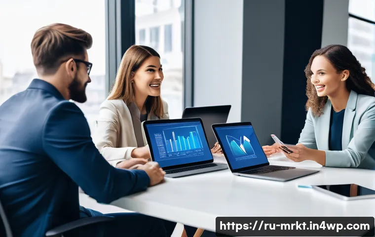 마케팅에서의 프레이밍 효과 - A modern digital marketing office scene featuring a diverse team of professionals brainstorming arou...