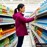 Home 21 행동경제학적 모델을 통한 소비자 이해 - A modern grocery store aisle scene featuring a shopper comparing two bottled water products: one reg...