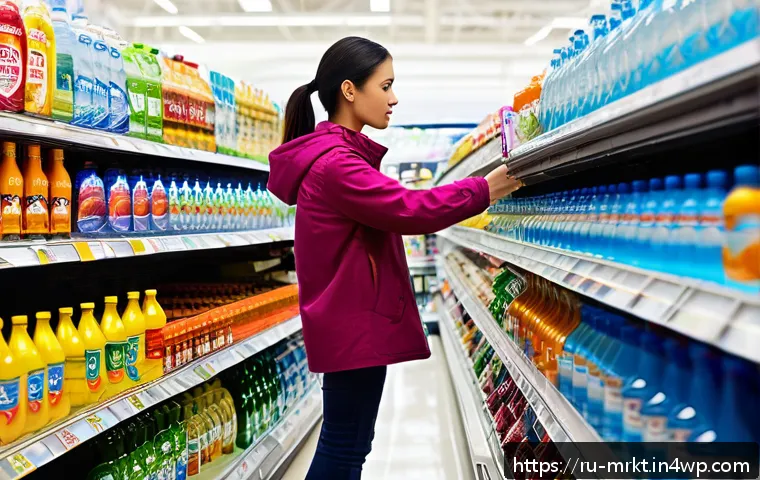 행동경제학적 모델을 통한 소비자 이해 - A modern grocery store aisle scene featuring a shopper comparing two bottled water products: one reg...