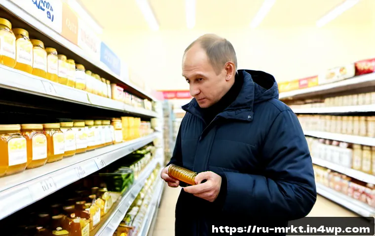 Home 16 행동경제학의 인지적 편향 이해하기 - Photorealistic Russian supermarket scene illustrating anchoring bias, a thoughtful middle-aged shopp...